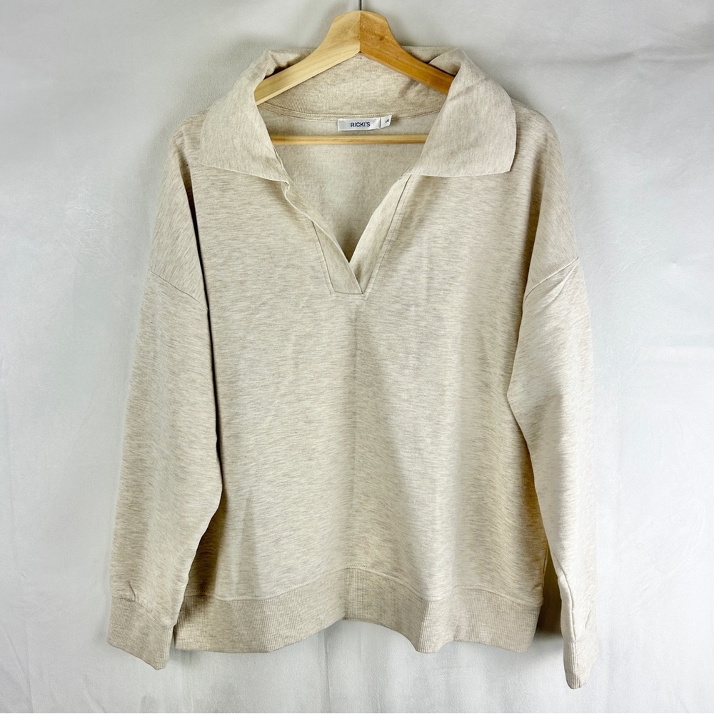 RICKI'S Sweatshirt Polo Neutral Oatmeal Pullover Size Large Lounge‎ Casual Comfy